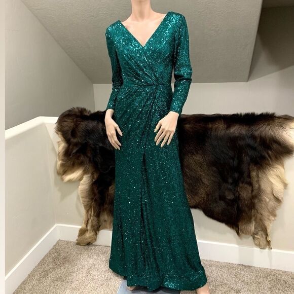 Stunning Green Long Sleeves Sequined Wrap Gown - Picture 2 of 16